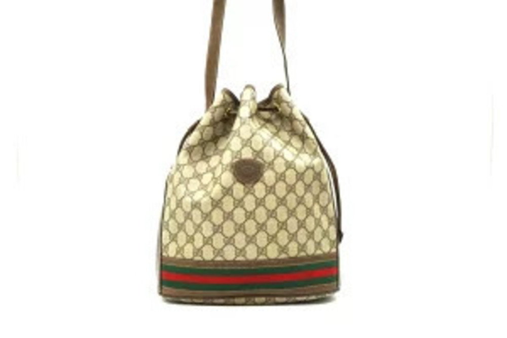 Gucci Sherry Drawstring Bucket GG Plus Leather Shoulder Bag Brown